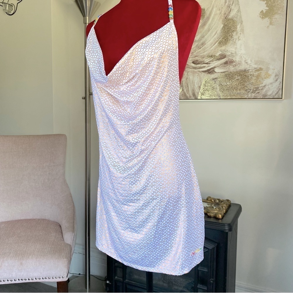 COOGI VINTAGE WHITE GOLD LOGO PRINT COWL NECK MINI DRESS LARGE - Picture 3 of 16